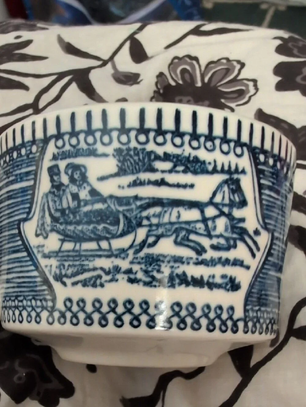 Just USA Blue and White Ceramic Cups with Horse-Drawn Scene